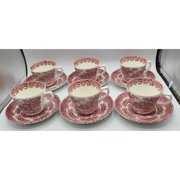 Vtg Grindley Red Staffordshire England Cups & Saucers Set of 6. English Country - Picture 1 of 14